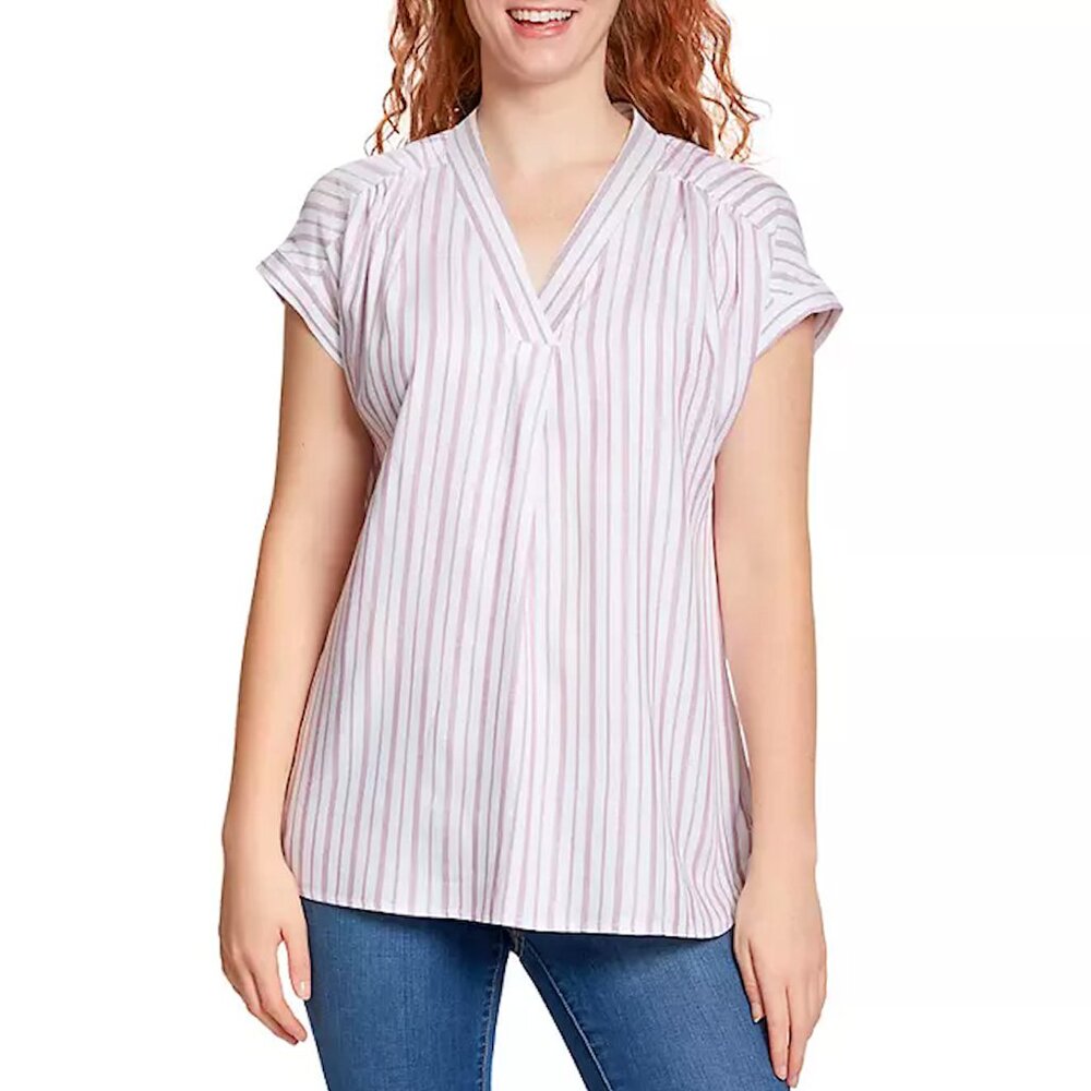 Nine West Women's Lightweight Relaxed Fit Woven Popover V-Neck Top Stripe